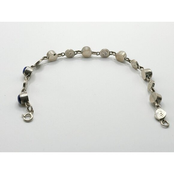 Greek Spiral Links Lapis Lazuli Cabochon Sterling Silver Bracelet - Picture 3 of 3